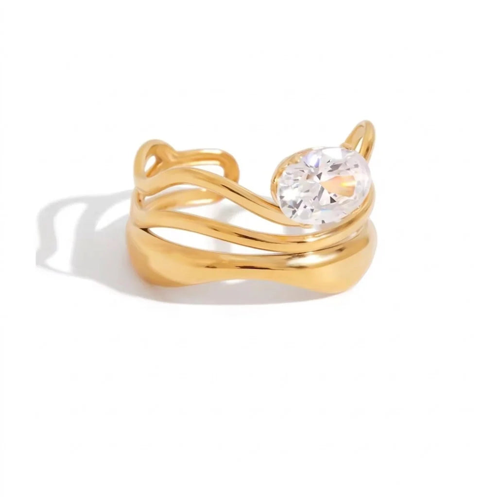 Delphine gold double wave band ring with an oval stone