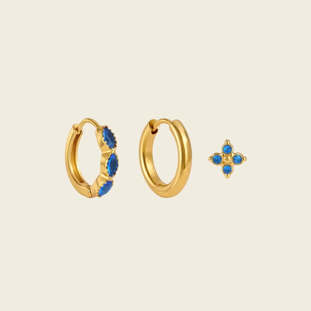 Cecily Marquise Huggie Earring Set (Gold Blue)