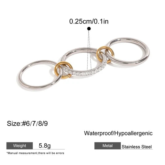 Tamsin three interlocking silver rings with gold links and stones, view 2