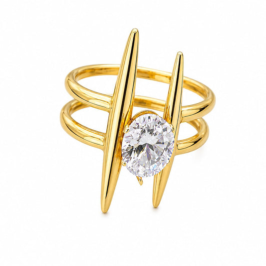 Alba gold double bar statement ring with an oval stone
