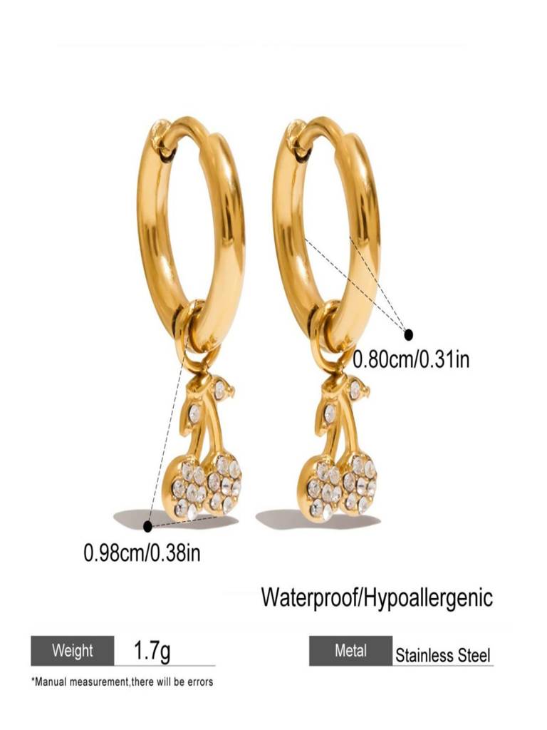 Posy gold huggie earrings with crystal cherry charm, size and dimensions