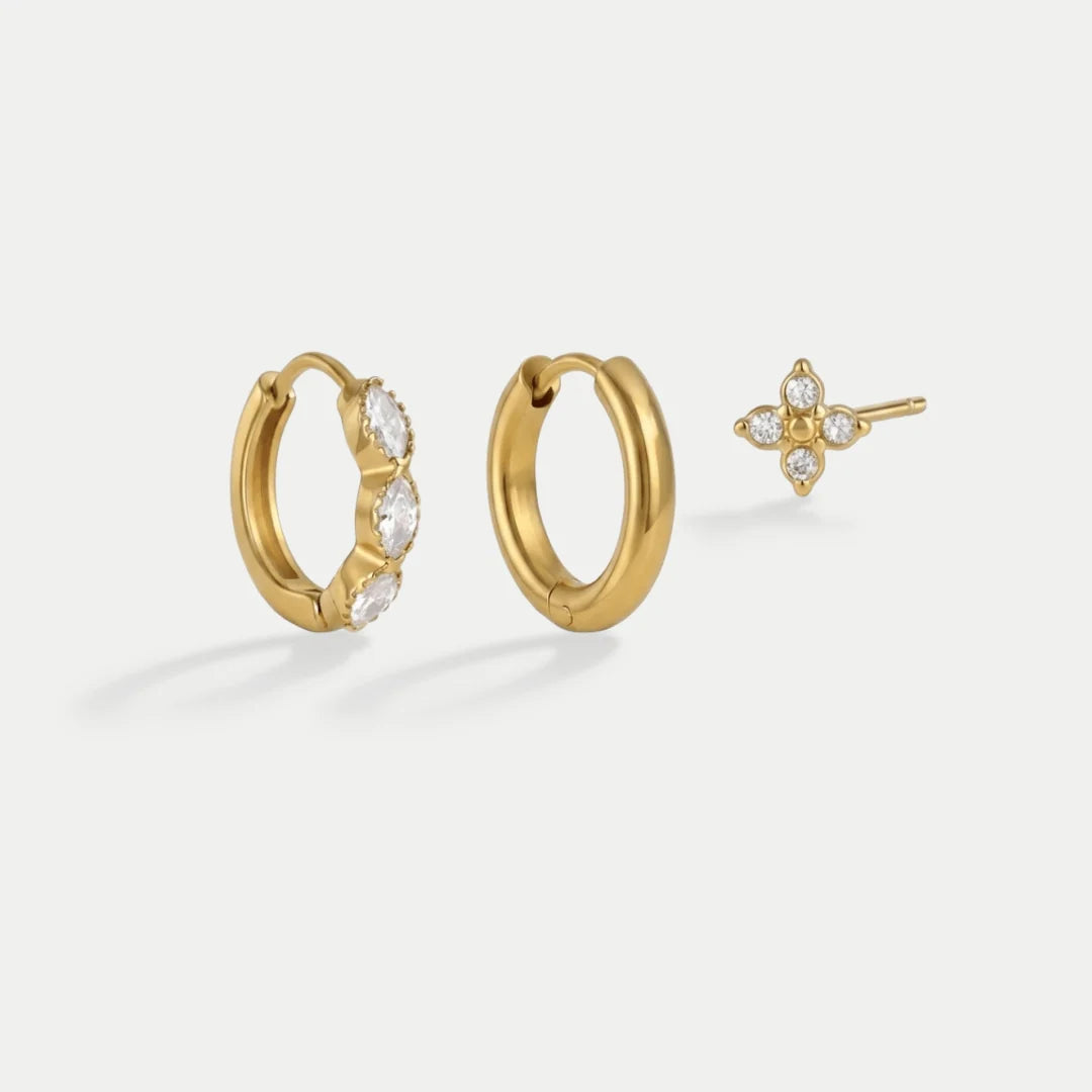 Cecily three piece gold earring set with plain hoop, clear marquise huggie and crystal flower stud