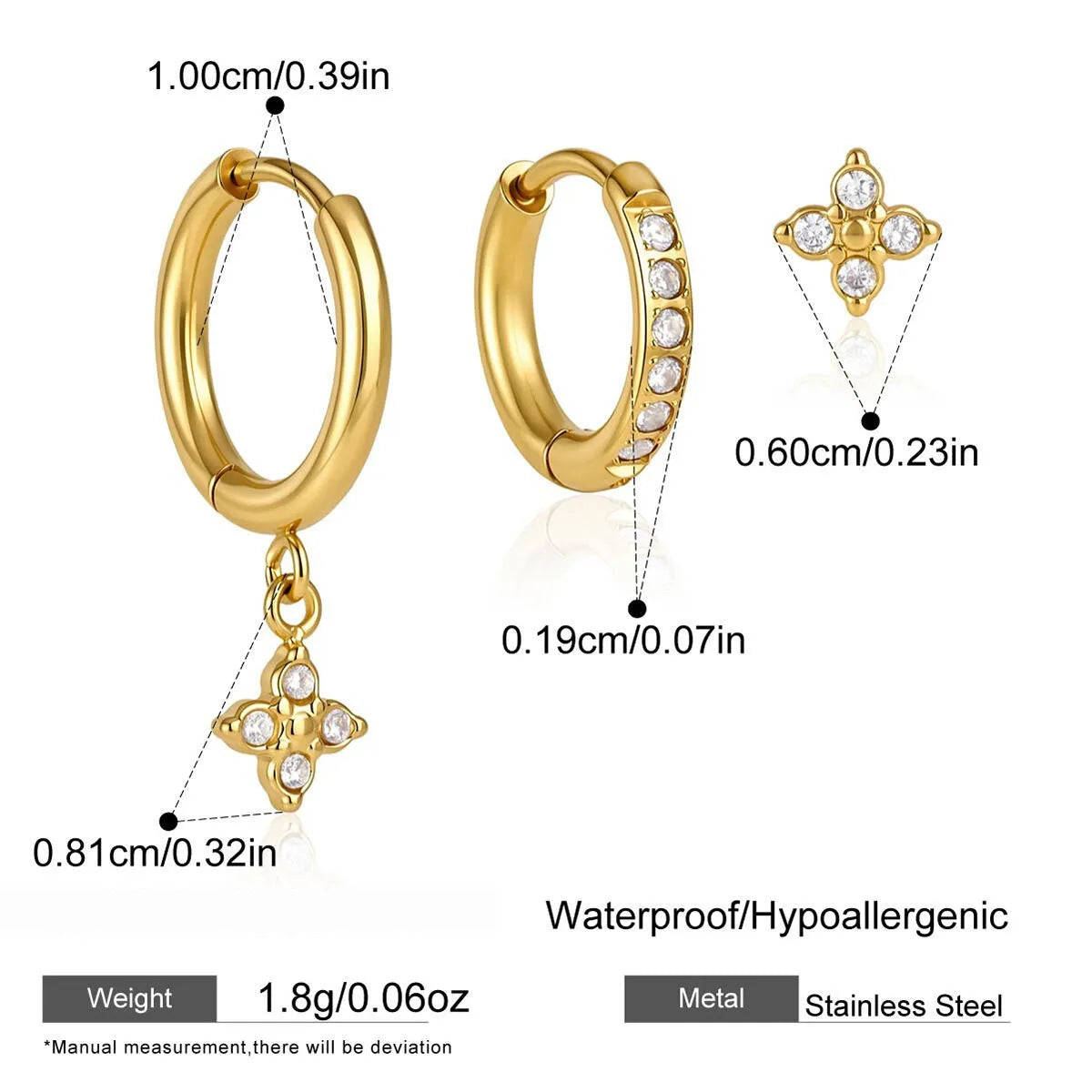 Eliza three piece gold earring set with crystal flower drop hoop, pave huggie and flower stud, size and dimensions