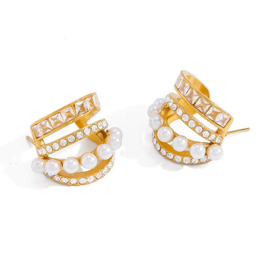 Regina gold triple hoop earrings with pearls and baguette crystals