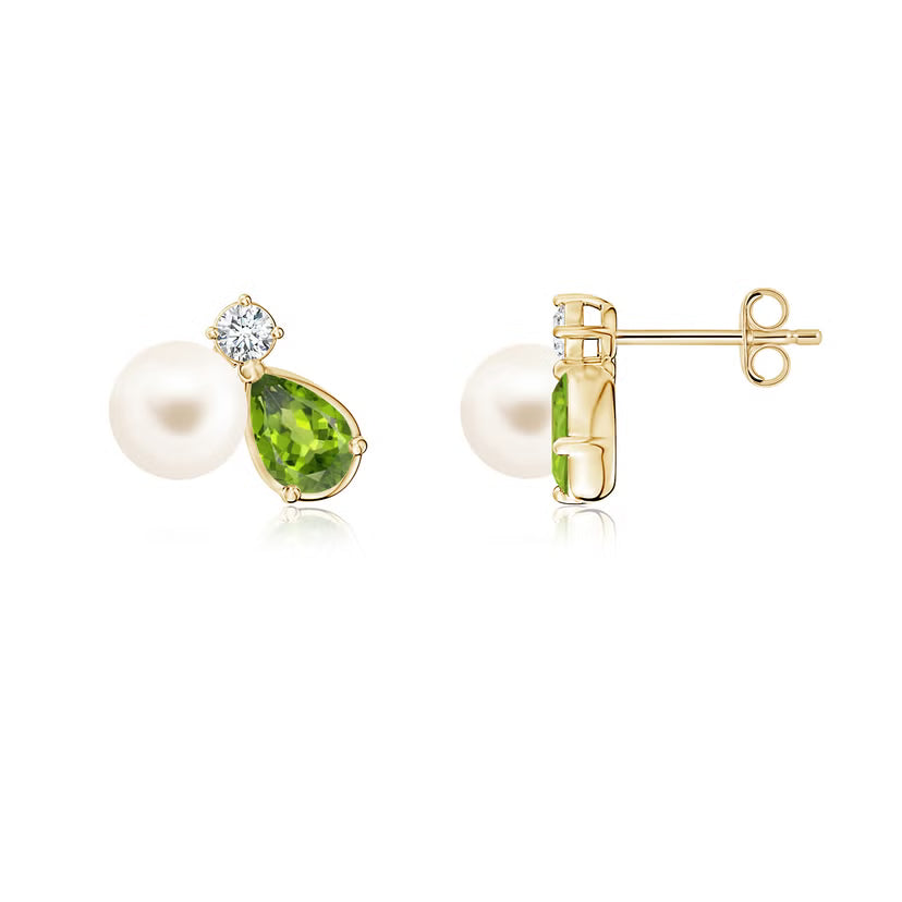 Margot gold stud earrings with a green pear stone, pearl and crystal, view 4