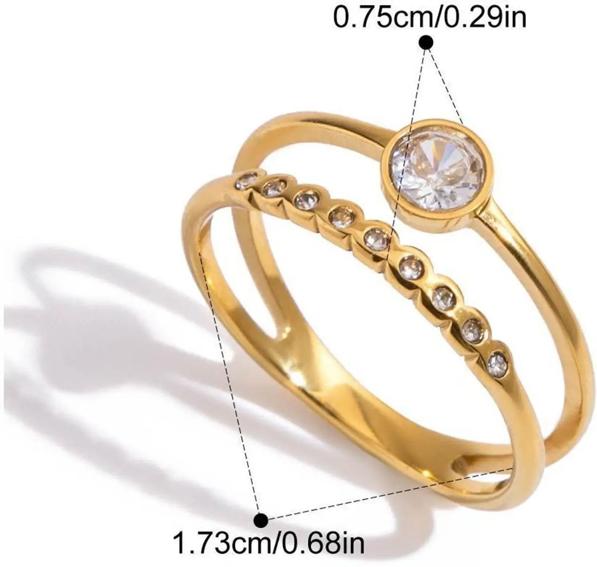 Elodie gold double band ring with a bezel stone and pave, view 4