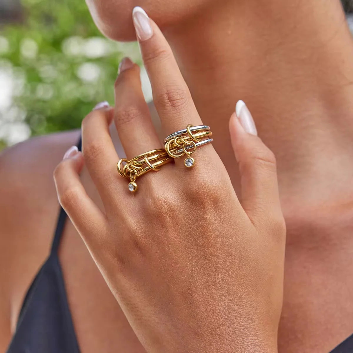 Odile gold triple interlocked band ring with a drop charm, view 3