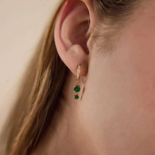 Joelle gold pave huggie earrings with double green crystal drop