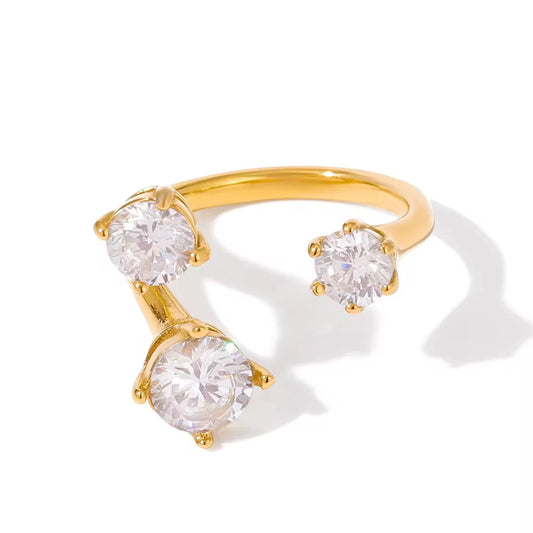 Rebecca gold open ring with three round prong-set stones