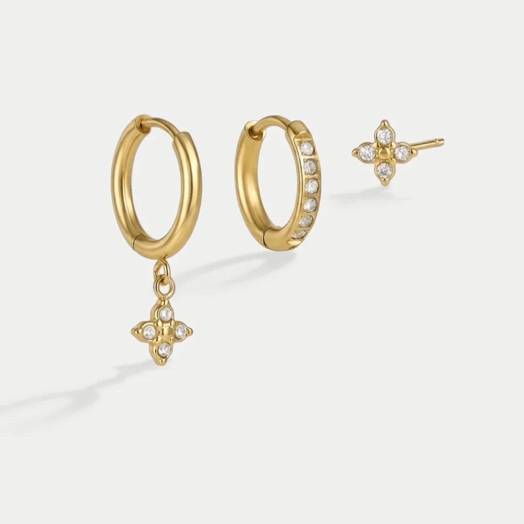 Eliza three piece gold earring set with crystal flower drop hoop, pave huggie and flower stud