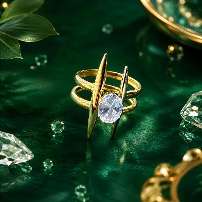 Alba gold double bar statement ring with an oval stone, view 4