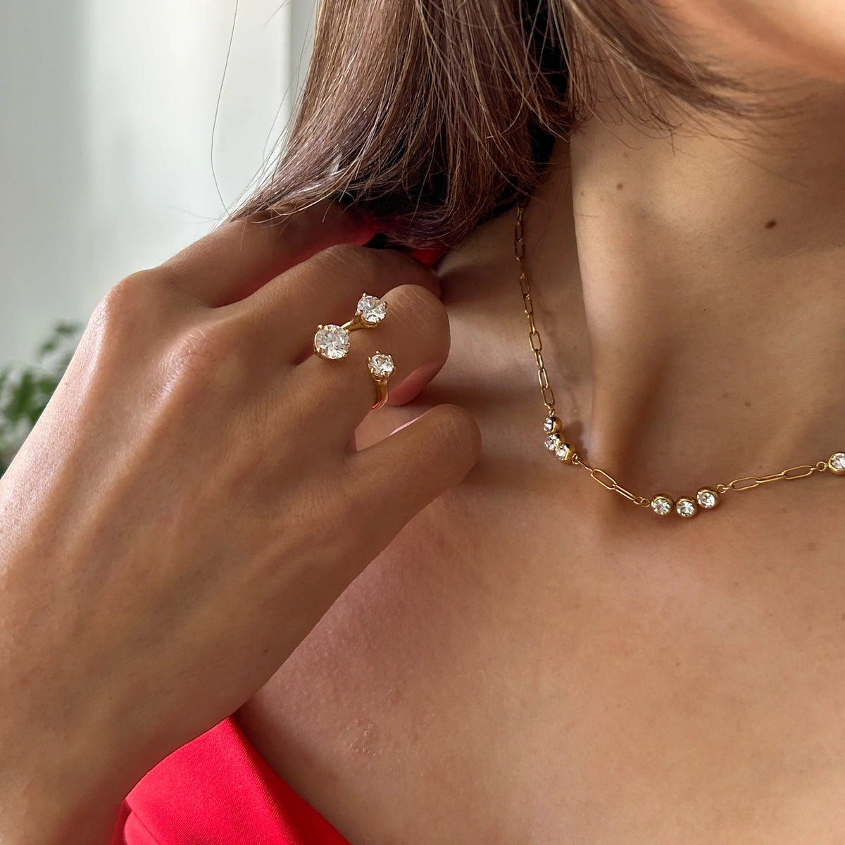 Rebecca gold open ring with three round prong-set stones, view 3