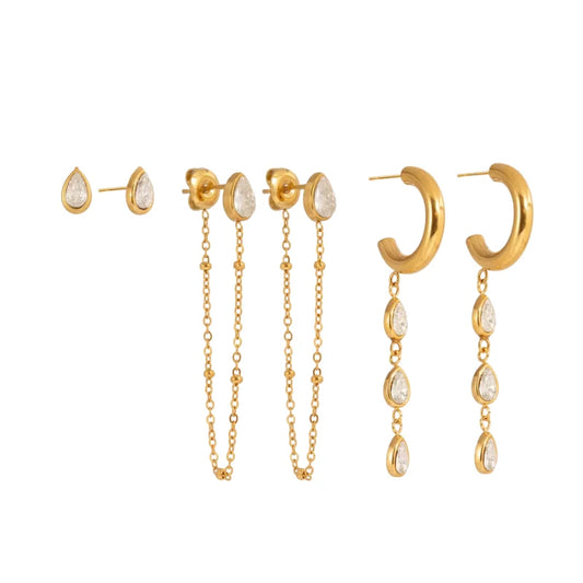 Juliana gold earring set with teardrop crystal studs, chain threaders and teardrop drop hoops