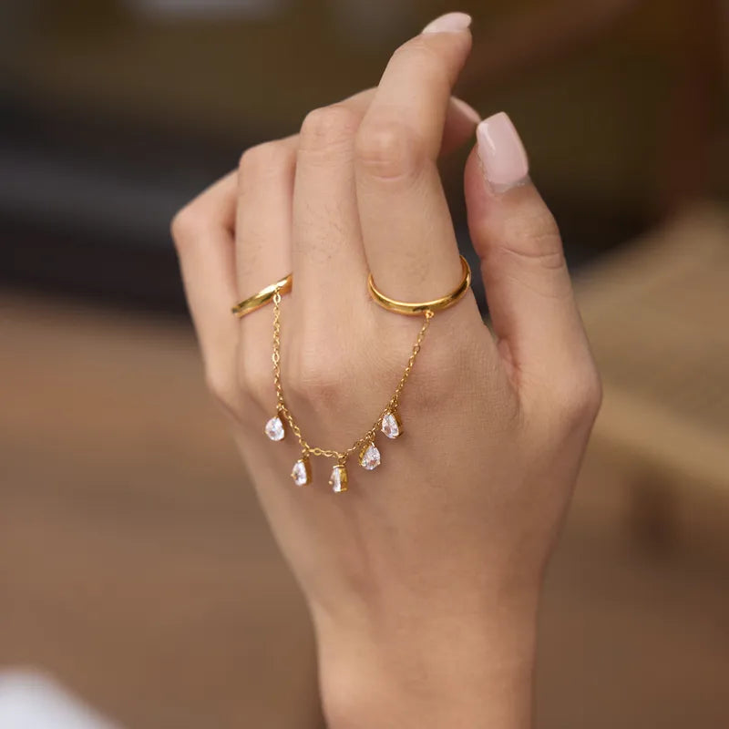 Scarlett two finger gold hand chain ring with crystal drops, view 3