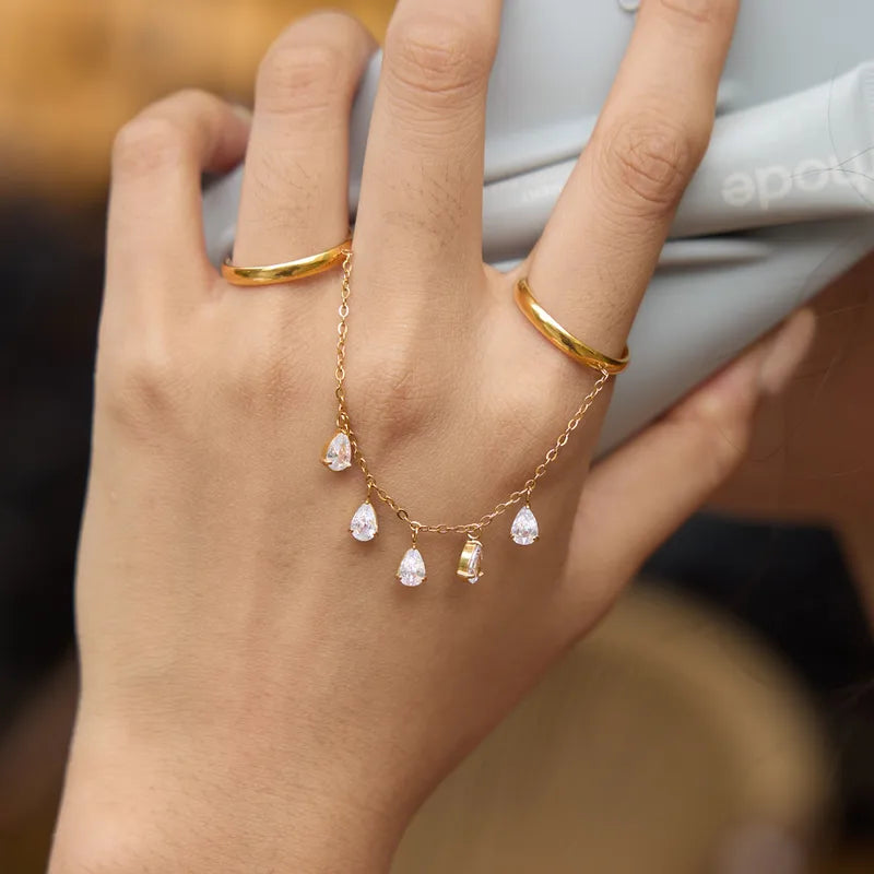 Scarlett two finger gold hand chain ring with crystal drops, view 4