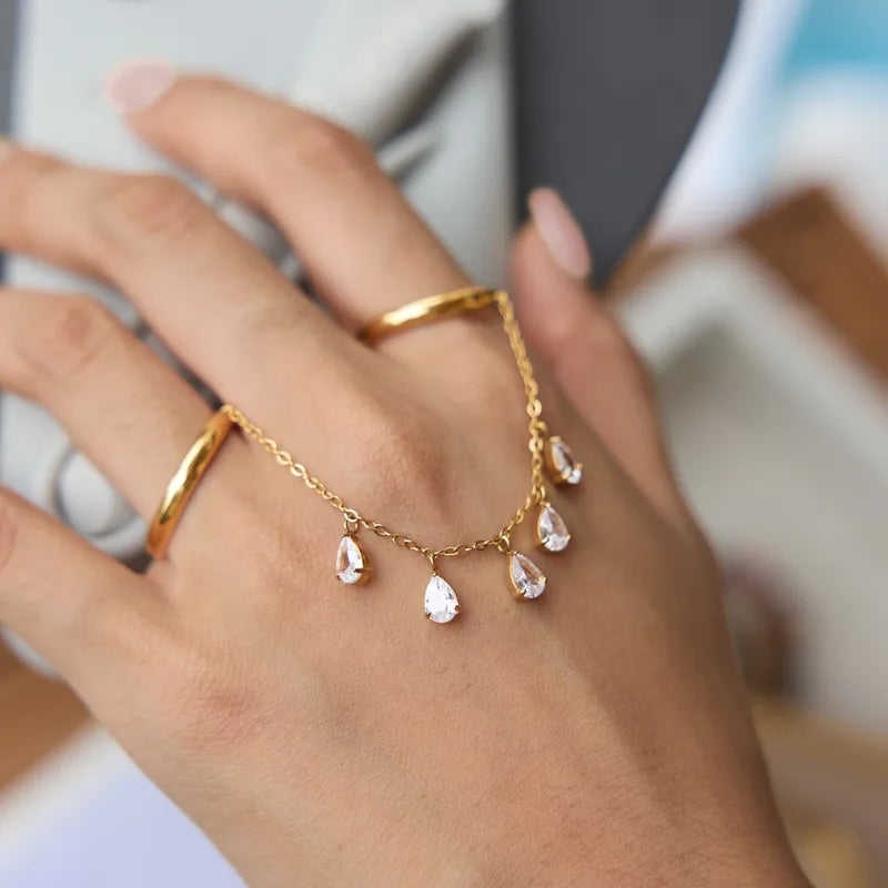 Scarlett two finger gold hand chain ring with crystal drops, view 5
