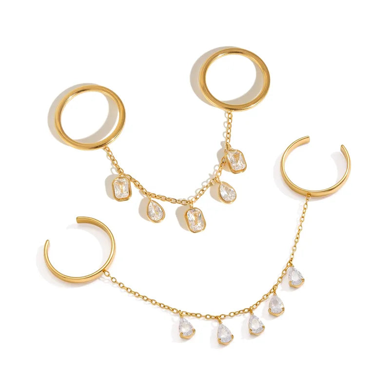 Scarlett two finger gold hand chain ring with crystal drops