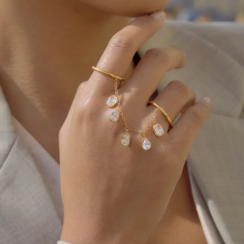 Scarlett two finger gold hand chain ring with crystal drops, view 2