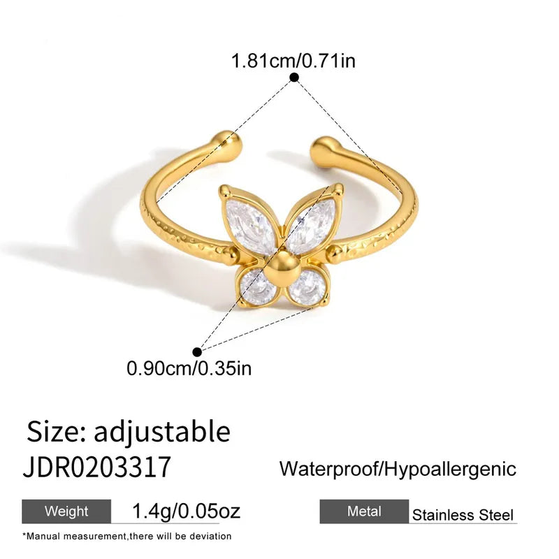 Vanessa gold open ring with a butterfly of marquise clear stones, view 2