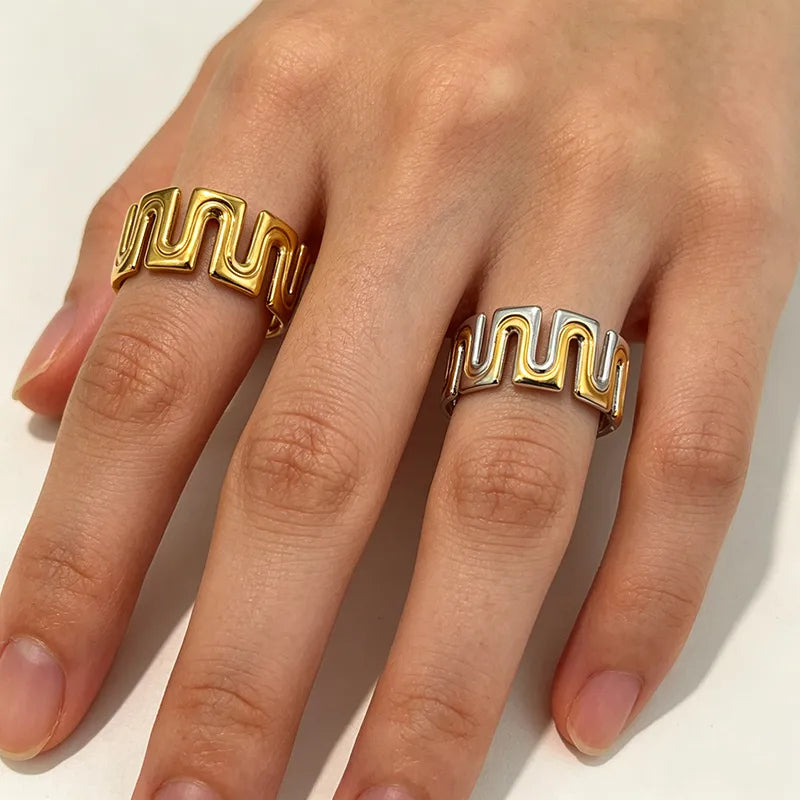 Ines wide gold Greek key pattern band ring, view 5