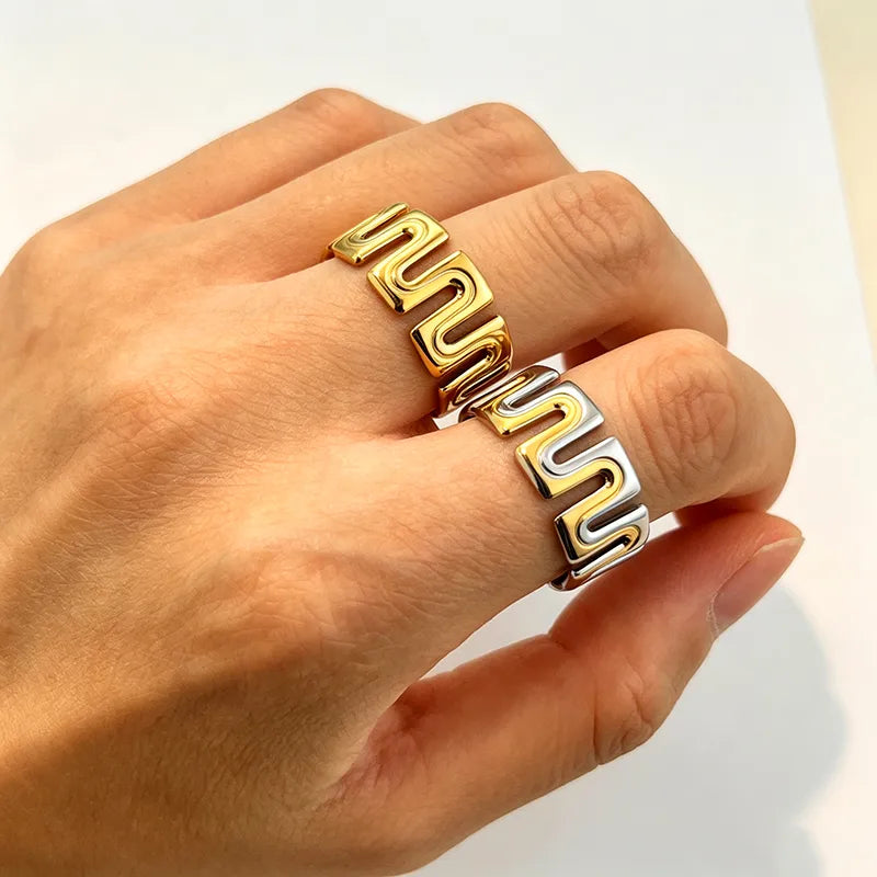 Ines wide gold Greek key pattern band ring, view 4