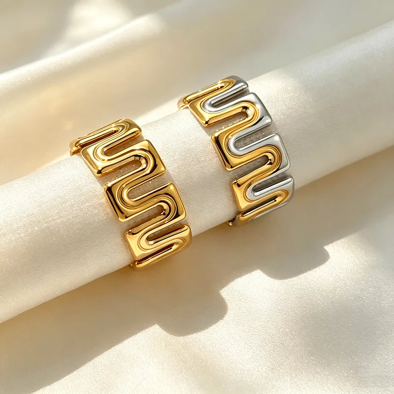 Ines wide gold Greek key pattern band ring, view 3