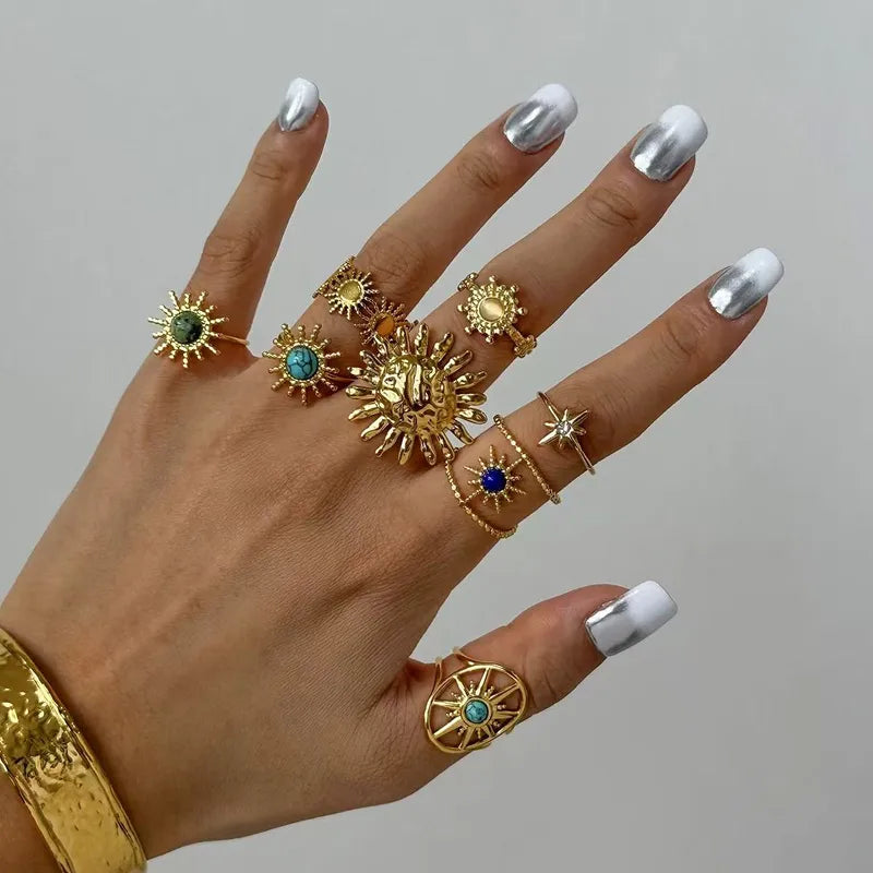 Soleil gold sun ring with a turquoise coloured stone, view 4
