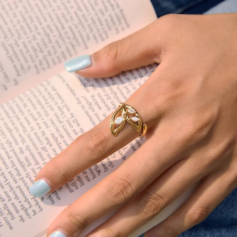 Willow gold leaf ring with marquise clear stones, view 4