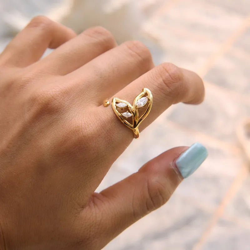 Willow gold leaf ring with marquise clear stones, view 3