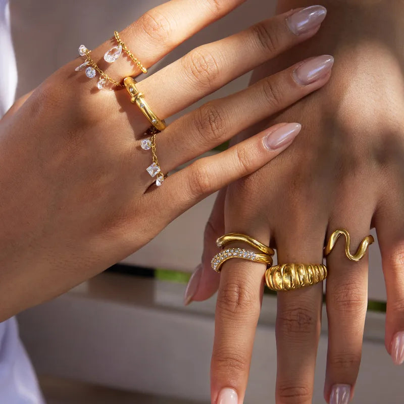 Cynthia gold chain ring with dangling crystal drops, view 3