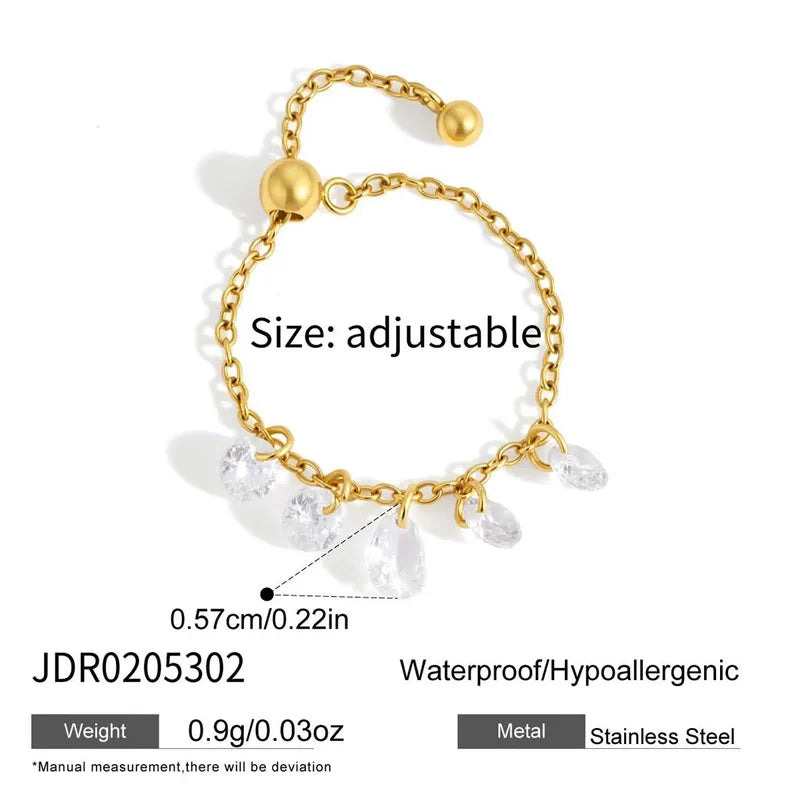 Cynthia gold chain ring with dangling crystal drops, view 2