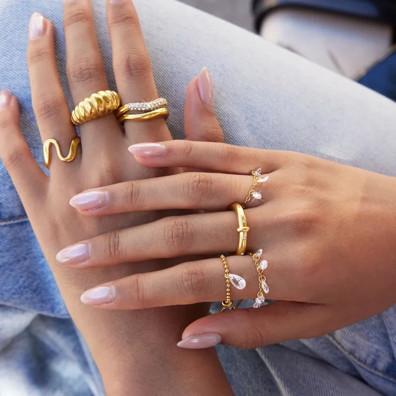 Cynthia gold chain ring with dangling crystal drops, view 5