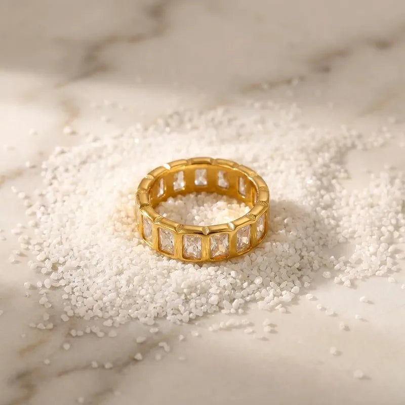 Josephine gold eternity band with clear emerald cut stones