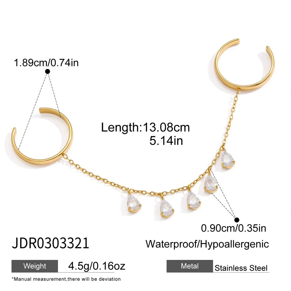 Scarlett two finger gold hand chain ring with crystal drops, view 6