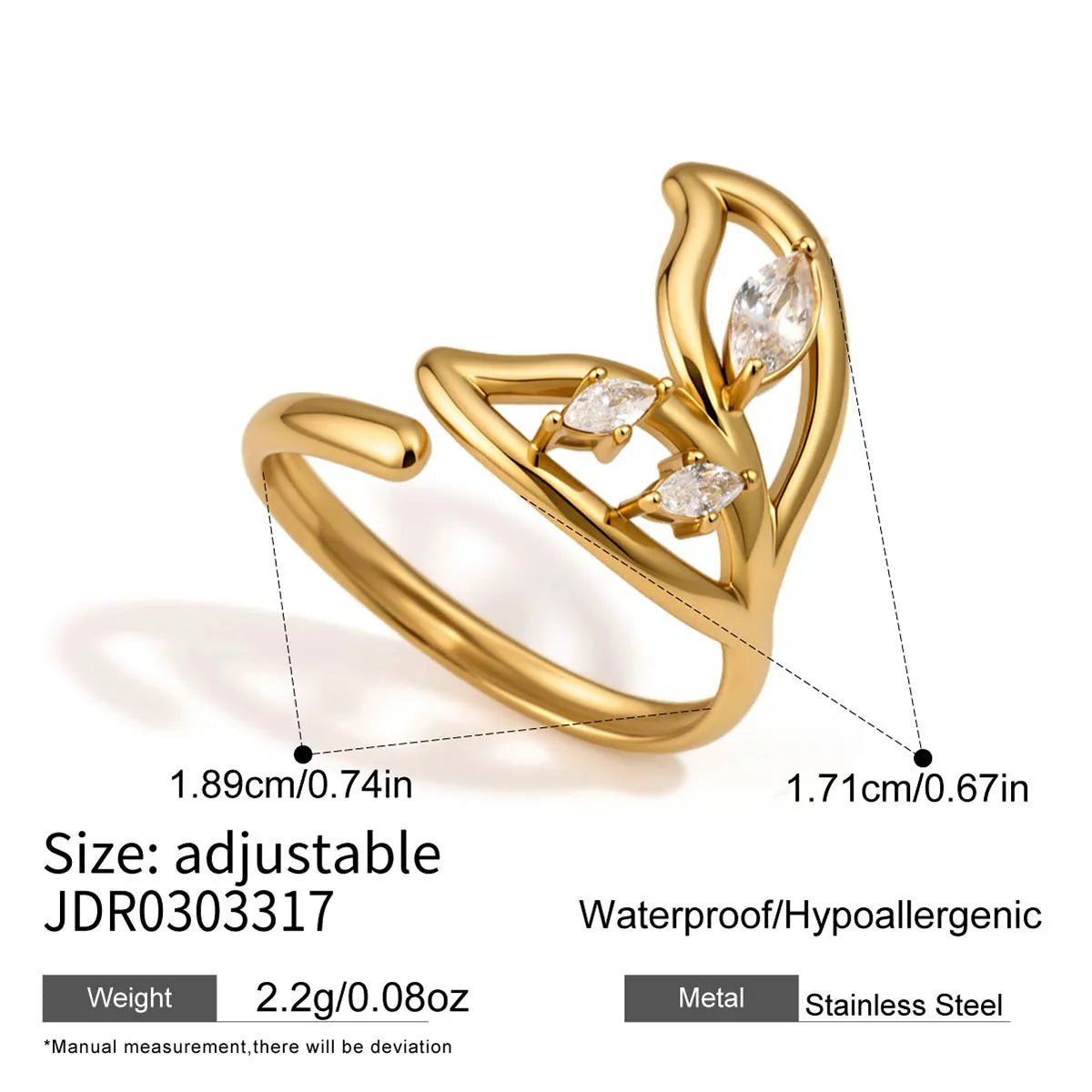 Willow gold leaf ring with marquise clear stones, view 2