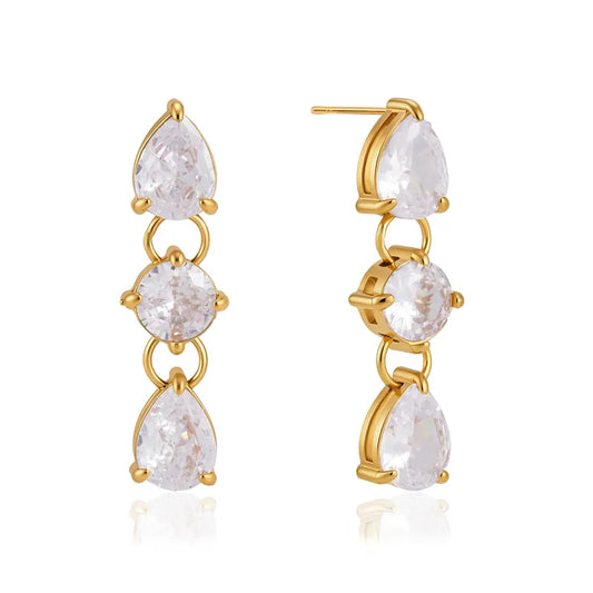 Cecilia gold earrings with three linked pear crystal drops