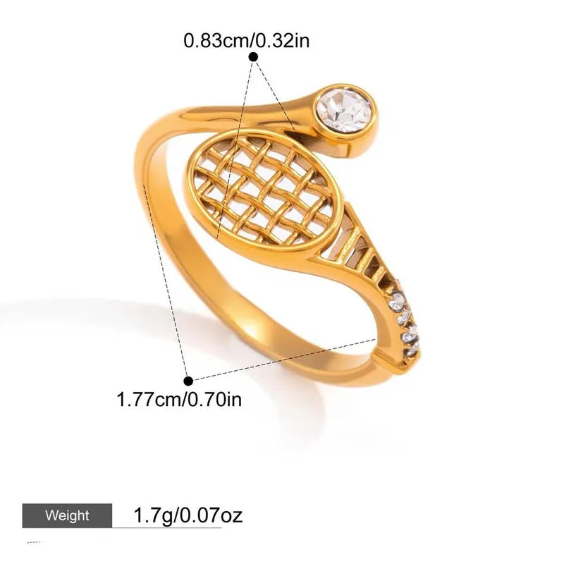 Tessa gold tennis racket ring with a small stone ball, view 2