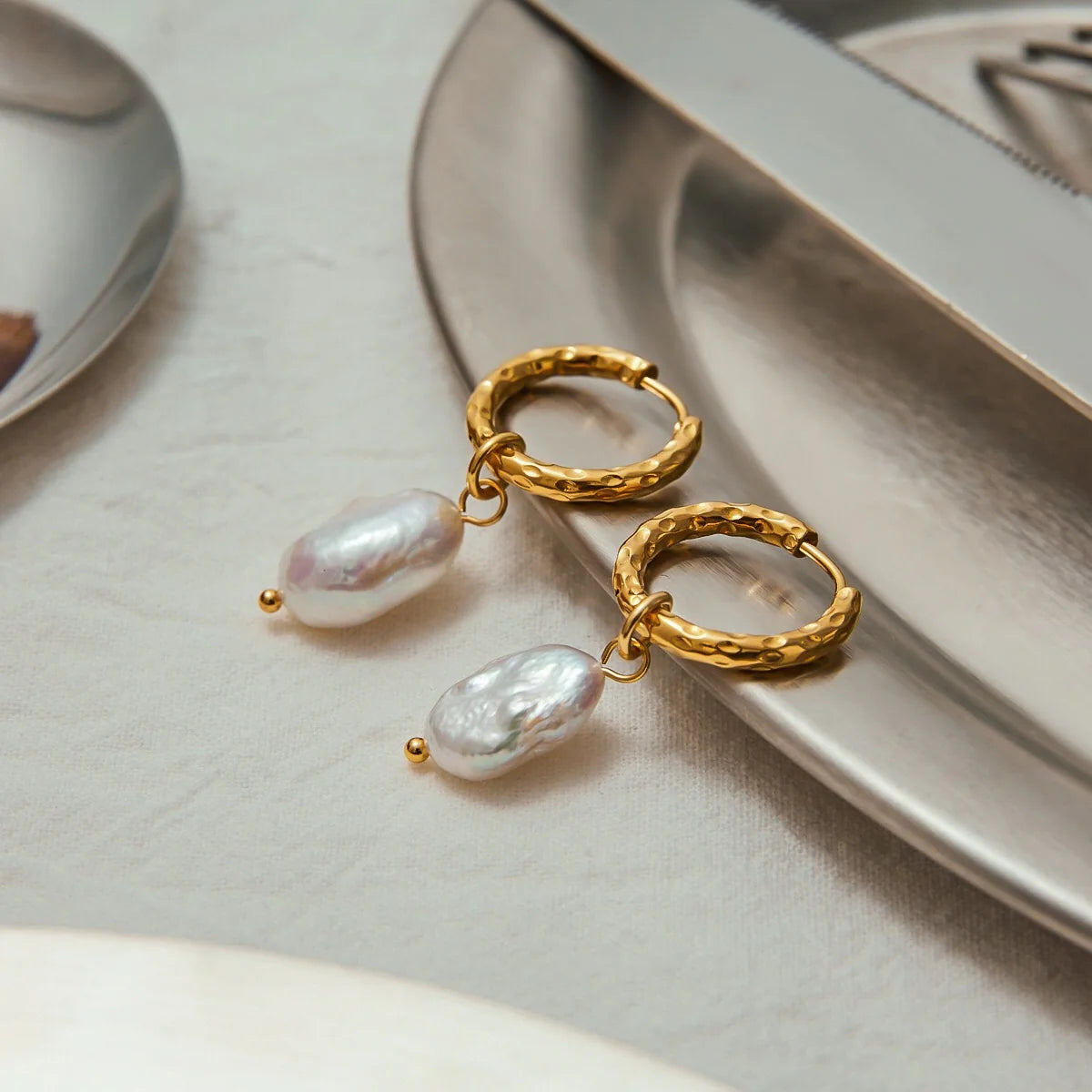 Teresa gold huggie earrings with baroque pearl drop, view 3