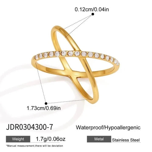 Claire gold criss cross X ring with one pave band, view 2