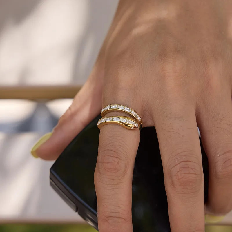 Elena gold double wrap ring with baguette cut clear stones, view 2