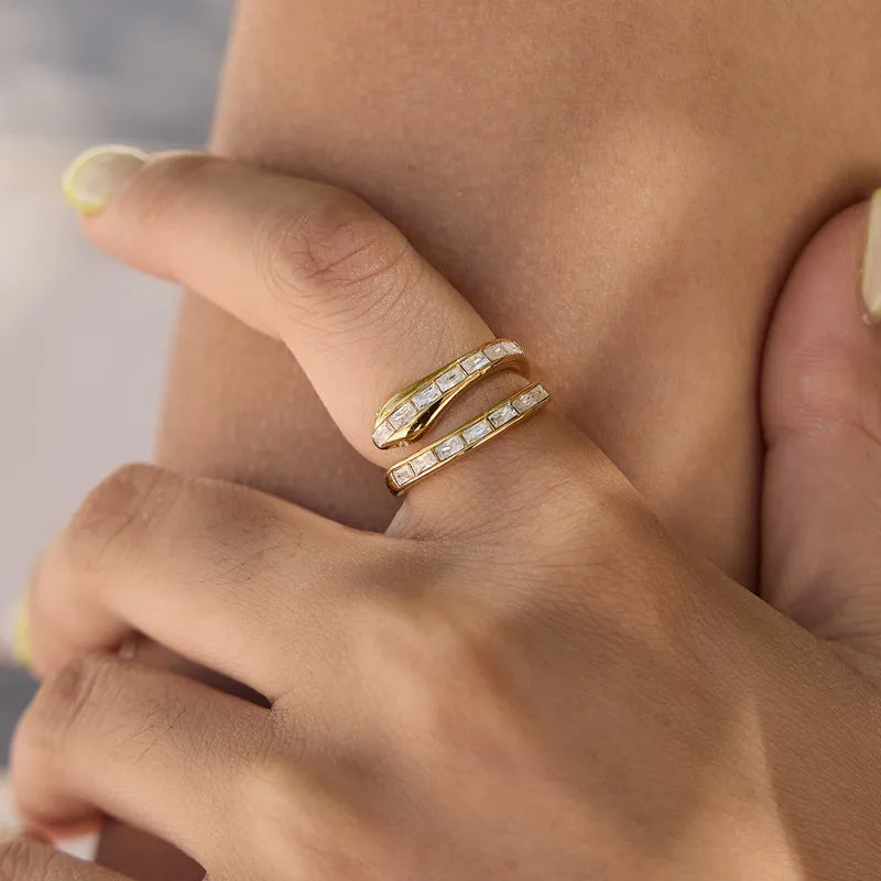 Elena gold double wrap ring with baguette cut clear stones, view 3