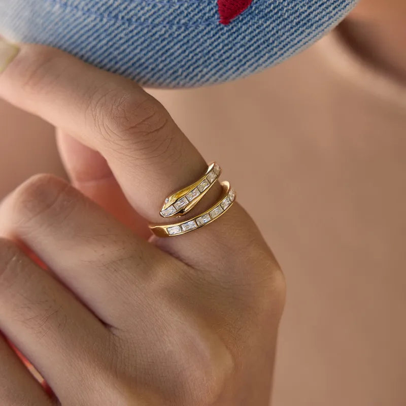 Elena gold double wrap ring with baguette cut clear stones, view 4