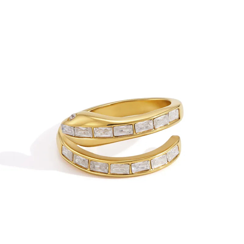 Elena gold double wrap ring with baguette cut clear stones