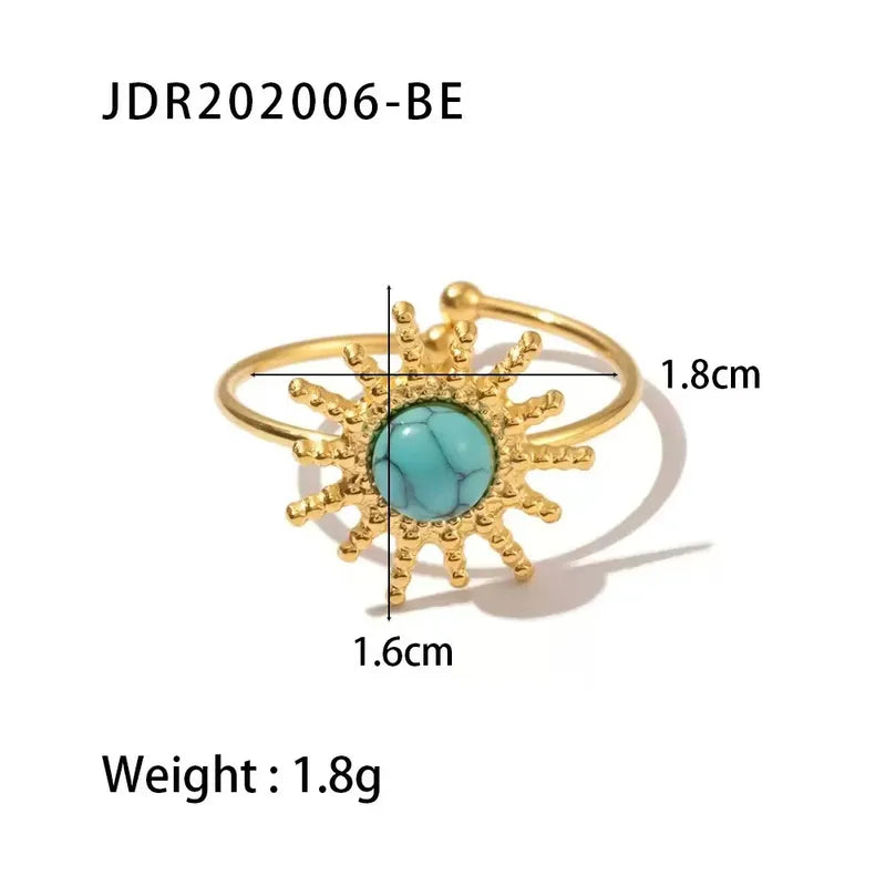 Soleil gold sun ring with a turquoise coloured stone, view 2