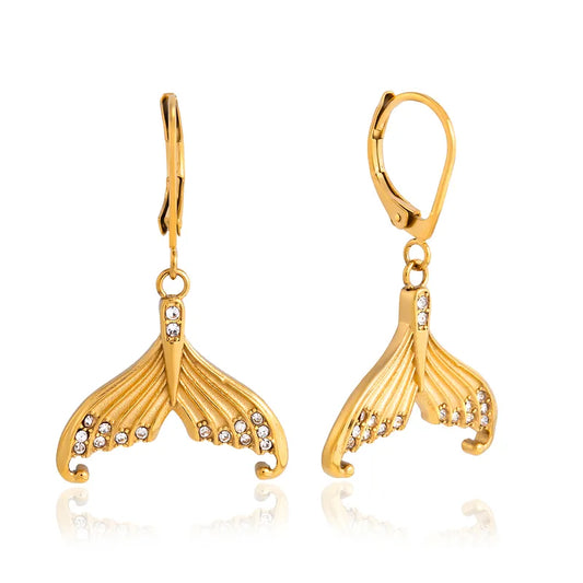 Nadia gold whale tail drop earrings with crystal accents