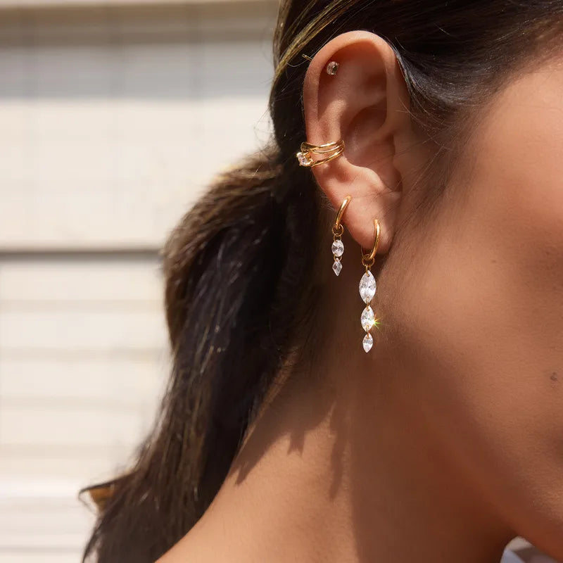 Paige three piece gold earring set with crystal cascade hoop, mini drop hoop and crystal stud, view 2