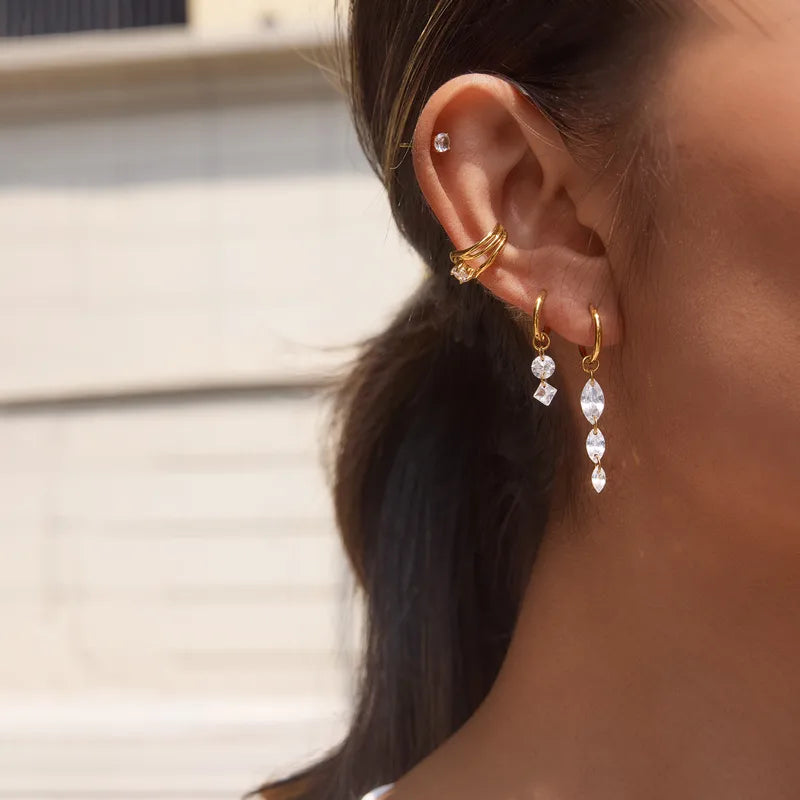 Paige three piece gold earring set with crystal cascade hoop, mini drop hoop and crystal stud