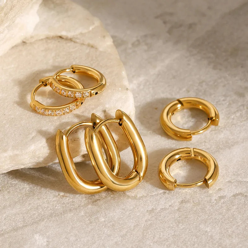 Jemima five pair gold hoop earring set with oval hoops and pave huggies, view 2