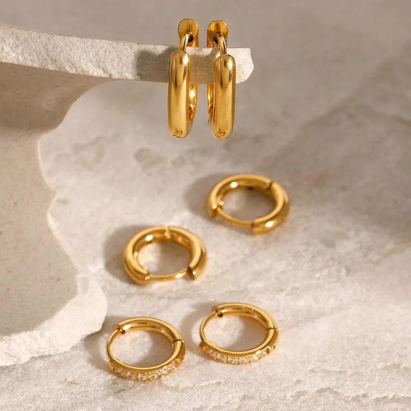 Jemima five pair gold hoop earring set with oval hoops and pave huggies, view 4