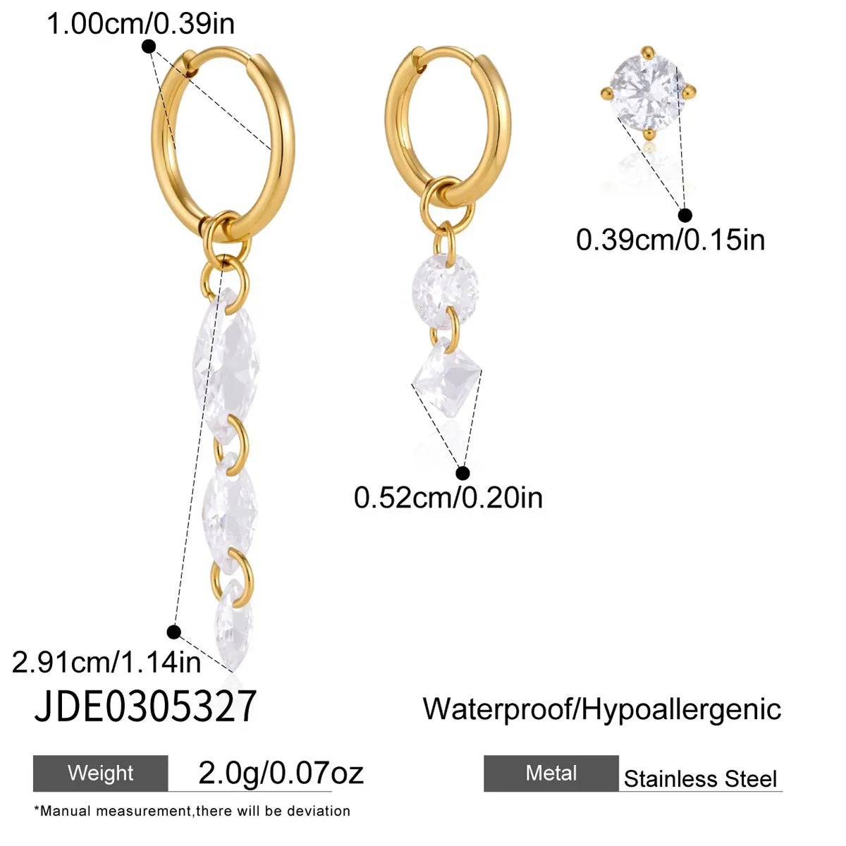 Paige three piece gold earring set with crystal cascade hoop, mini drop hoop and crystal stud, size and dimensions
